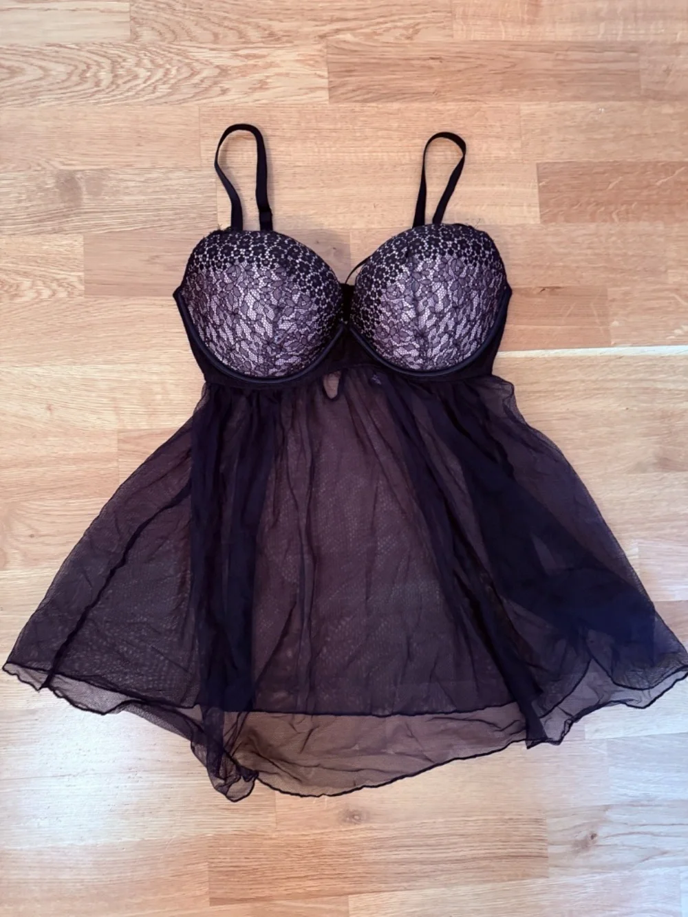 Victoria's Secret Black Lace Push-Up Babydoll Chemise Sheer Mesh Underwire 36D - Picture 6 of 10